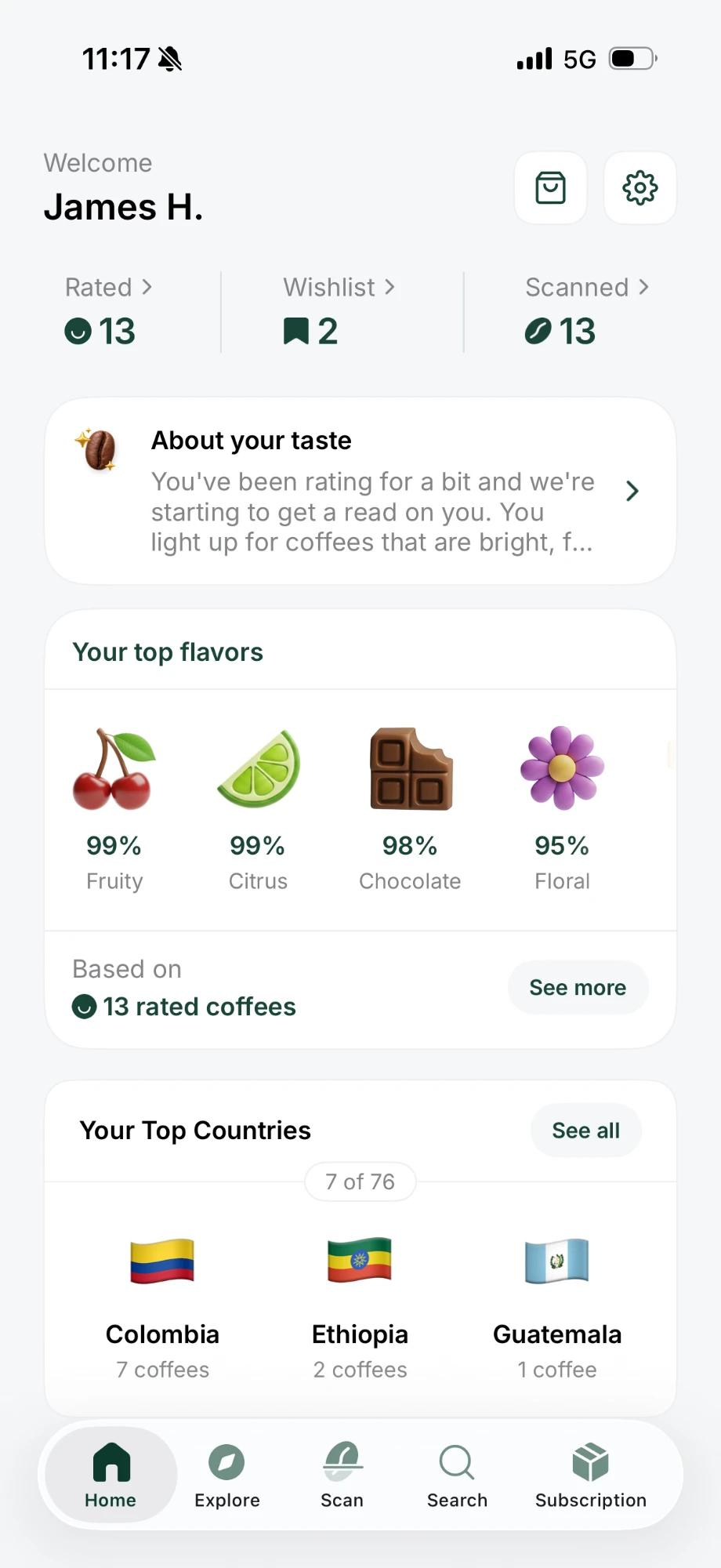The Siip home screen after 13 rated coffees: top flavors fruity, citrus, chocolate and floral, and top countries Colombia, Ethiopia and Guatemala