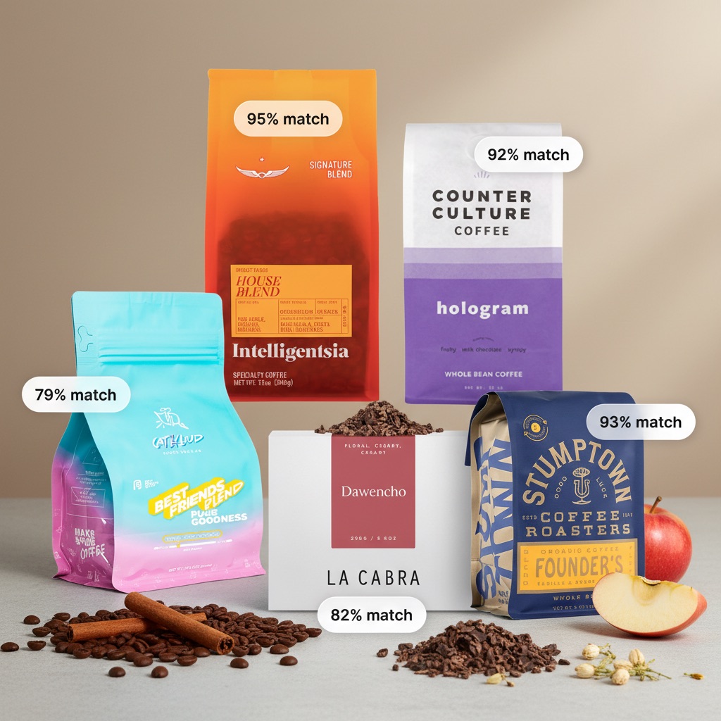 Siip coffee subscription bags with personalized match scores showing specialty coffee delivery